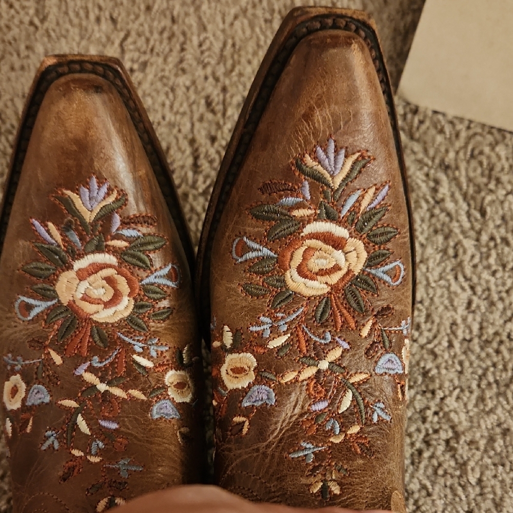 Shyanne Floral Embroidered Tan Heeled Boots - Picture 6 of 6